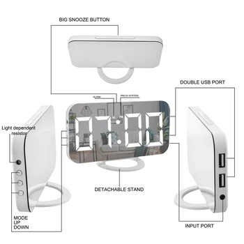 Ceas Cu Alarmă Digital,6 Inch Led-Uri De Mare Display Cu Dual Usb Încărcător De Porturi Auto Dimmer Modul De Ușor Amânare Funcție, Oglinzi Moderne