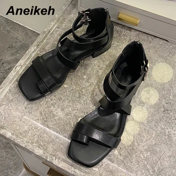 Aneikeh Sandalias Mujer de Vară Toc Pătrat Curea Pantofi Superficial PU Femei Sandale cu Catarama de Agrement Roma Bază Stil Britanic cu Fermoar