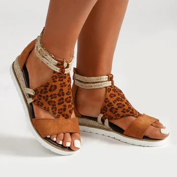 Femei Sandale Roma Rotund Toe Wedge Heel Doamnelor Sandale Leopard de Imprimare Țese Femeia Pantofi Fund Gros de sex Feminin Încălțăminte Plus Dimensiune