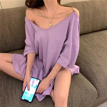 Vara Fata Sexy Tinuta Care Arată O Înapoi în Vrac Y2k Estetice Lungime Medie de Rouă umăr Topuri cu Maneci Scurte T-shirt pentru Femei