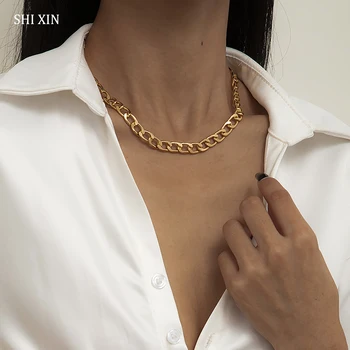 SHIXIN Punk Simplu Lanț Gros Scurt Cravată Colier Colar pentru Femei Minimalist de Aur/Argint de Culoare Colier Lanț la Gât Bijuterii