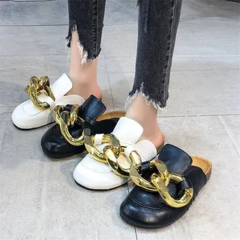 Design De Brand Femei Papuci De Casa De Moda Mare Lanț De Aur Sandale Pantofi Rotund Toe Slip Pe Catâri Toc Plat Casual Flip Slide-Uri