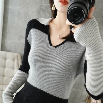 Pulover de cașmir femei V-neck pulover tricotat lână tricotate pulover elegant coreean slim de slabit doamnelor pulover