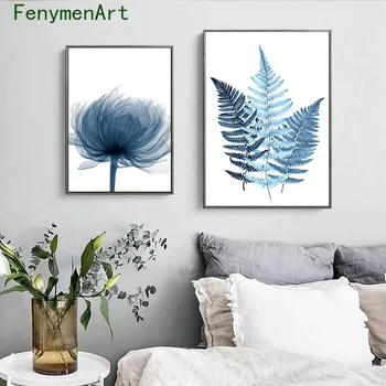 Abstract, Albastru, Plantă Panza Pictura Nordică Acuarelă Frunze Poster Print Modern Minimalist Poza Perete Living Decor Acasă