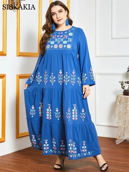 Siskakia Etnice Broderie Rochii Maxi pentru Femei Blue O Gatului Maneca Lunga Confortabil Indie Folk Musulman Oman arabă Haine Eid