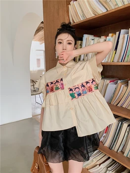 Harajuku Cămașă de Imprimare de Desene animate de sex Feminin 2021 Vară Stil Preppy Chic Design Volane Mozaic Single-breasted Asimetrie Bluza