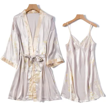 Imprimare de Flori Halat Set de Vară Satin Rochie Kimono Femei Casual 2 BUC Pijamale Femei Matasoasa cămășuță de Noapte&Robe Set V-neck Îmbrăcăminte Acasă
