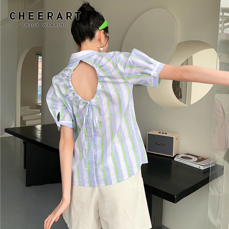 CHEERART Backless Spate Deschis cu Dungi Button Up Shirt 2021 Femei de Moda de Vară Puff Maneca Scurta Tricou cu Guler Haine de Designer