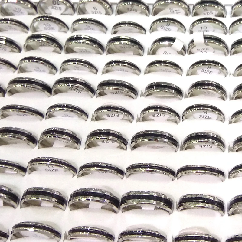 4mm 6mm Latime Culoare Argintie din Otel Inoxidabil Inele Negru Încrustat Inele de Cuplu Mixt Dimensiune 50pcs/lot