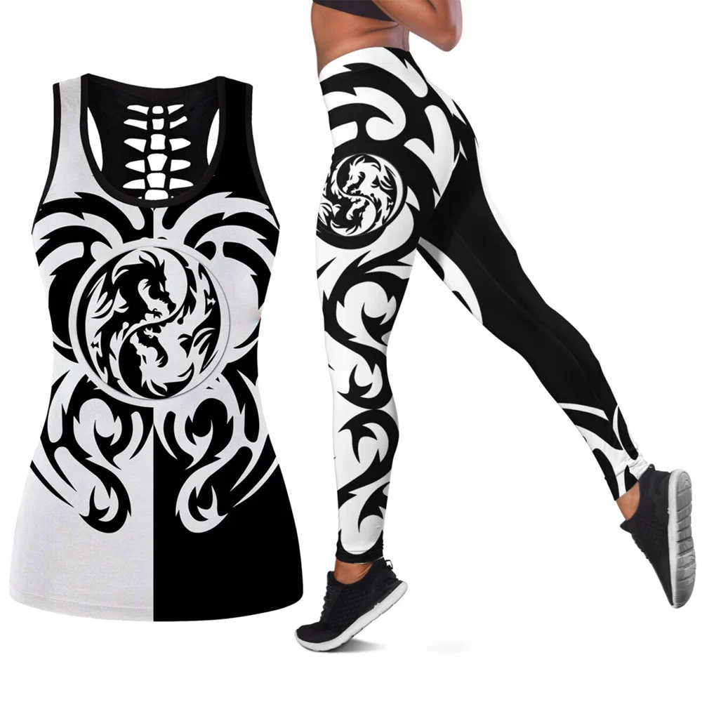 Noi femeile e tight pantaloni de yoga Black & White Dragon Tatuaj Arta 3D de imprimare Jambiere și Tubulare Rezervor de Top de Moda casual, Jambiere